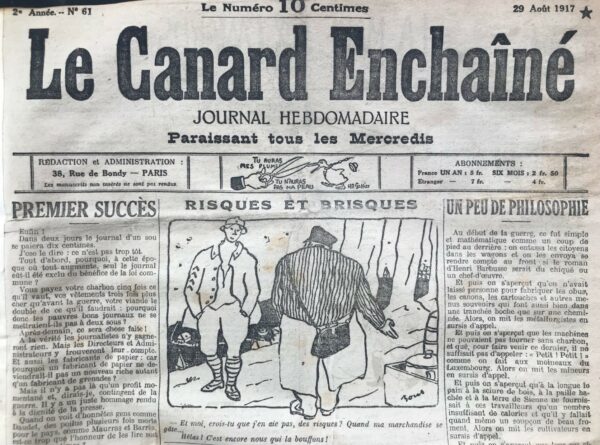 Couac ! | N° 61 du Canard Enchaîné - 29 Août 1917 | Nos Exemplaires du Canard Enchaîné sont archivés dans de bonnes conditions de conservation (obscurité, hygrométrie maitrisée et faible température), ce qui s'avère indispensable pour des journaux anciens. | 61