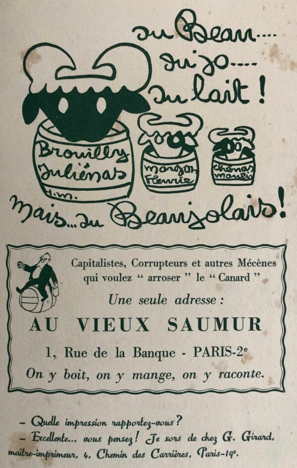 Couac ! | Il n'est bon bec que de Canard | Plaquette 1er SALON du Canard - 17 au 26 décembre 1954 - Brochure - in folio 20 pages - agrafée et recouverte d'une couverture de suédine estampée du Canard de H. Guilac, avec pour devise "Il n'est bon bec que de Canard". Salon Organisé par le "Canard Enchaîné" et le Club des Amis du Canard. Les Participants: DESSINS : Bellus, Gus Bofa, Pierre Devaux, Sennep, Grimbert, Carlo Rim, Maurice Henry, Charles Genty, Van Rompaey, de Lavererie, Farinole, Chancel, Saül, Roger Prat, Moallic, Serge, Ferrieu, Varé, Ansel, Gruau, Sauvayre, Peynet, E. Compard, Gus, Elsen, Aldebert. PEINTURES ET DESSINS : Bib, Vertès, Jean Oberlé, Dignimont, Touchagues, Van Moppès, René Préjelan, Cluzeau-Lanauve. PEINTURES : Edmond Heuzé, Marie-Thérèse Février, Germain Delatousche, Mario Tauzin, Henri Cheval, Georges Guazava, Delanglade, Charles Desruol, Isis Kischka,  Bouisset, Georges Tautel, Albert Soulillou, René Fallet, Marcelle Bergerol, André Jean. ILLUSTRATIONS ET GRAVURES : Lebedeff, Beuville TERRES CUITES : Ezo SCULPTEURS : Collamarini, Dionisi, Rafa Diligent, R. Fuzier, Violet. CÉRAMISTES : Virginia Tentindo, Mme Shu-y, Bailly, Platon. FOULARDS ÉCHARPES DÉCORÉS : Kovalewsky, Jacqueline Manou. DÉCORS ET COSTUMES : Yves Bonnat. RELIURES :  Lucienne Zha. MARIONNETTES : Yves Joly. MAQUETTES SCULPTÉES :  André Gonon. POUPÉES :  Suzanne Laforge TAPISSERIES :  René Munier CEUX DU "CANARD" : Pol Ferjac, Grove, Cabrol, Grum, KB2, Lap, Es Caro, César, H. Monier. RÉTROSPECTIVE : Chas. Laborde, Lucien Laforge, H. P. Gassier, H. Guilac, Bécan, Montagnier, André Foy, Pavil, Carrizey, Robert Desnos. ŒUVRES DE : CEUX DU THÉÂTRE : Noël-Noël, Armand Mestral, Michel Herbert, Jacques Grello, Mlle Assia, Mme Raphane, Mouloudji,  Maurice Naville, Pierre Stephen, Lucienne Marnay. DIVERS : Daumier (terres cuit.) ÉTRANGERS : Peterson, Ronald Searle, Vicky, Les dessinateurs de ''Il Travaso". PHOTOGRAPHIES : Doisneau, Sarisson, Jean Léo, Bovis, Harold. | salon canard 3